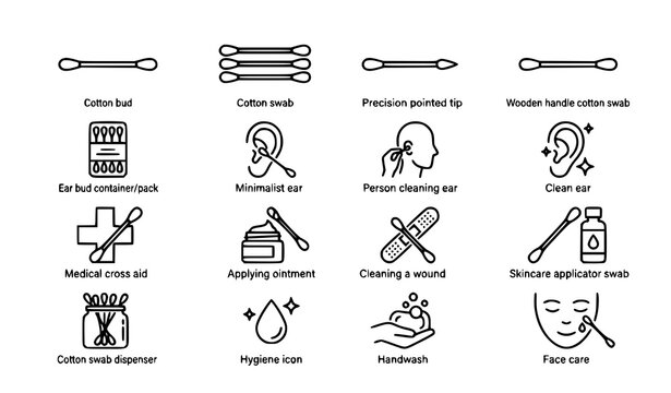 Cotton Swab and Personal Hygiene Icon Grid: Minimalist Outline and Solid Illustrations for Medical Swabs, Cosmetic Bud Application, Ear Care, and Sanitary Grooming Symbols