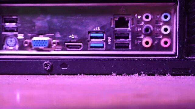 Rear panel of computer motherboard with various peripheral ports in purple lighting.