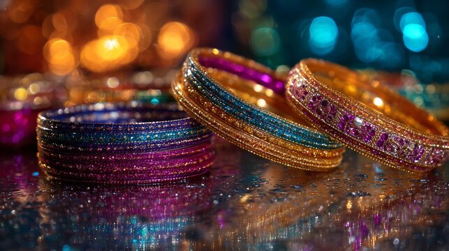 Colorful bangles on reflective surface jewelry beads purple pink blue