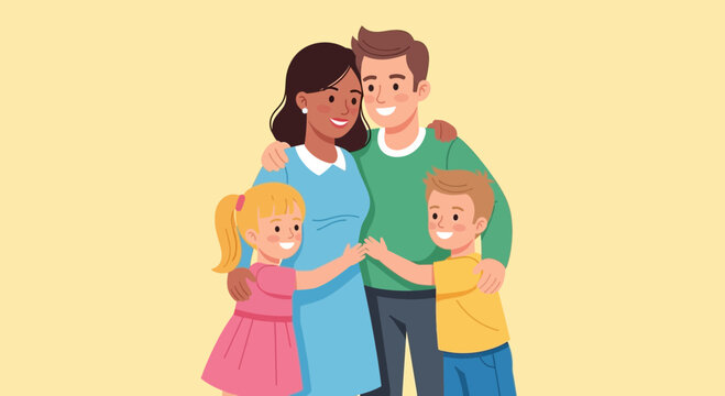 Diverse Family Hugging, Parents and Children, Happiness, Unity, Love, Yellow Background