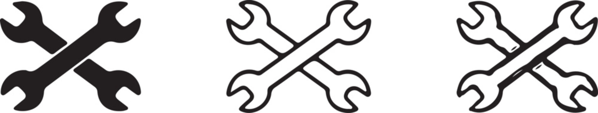Set of three crossed wrenches or spanners icons set, solid outline and doodle style.