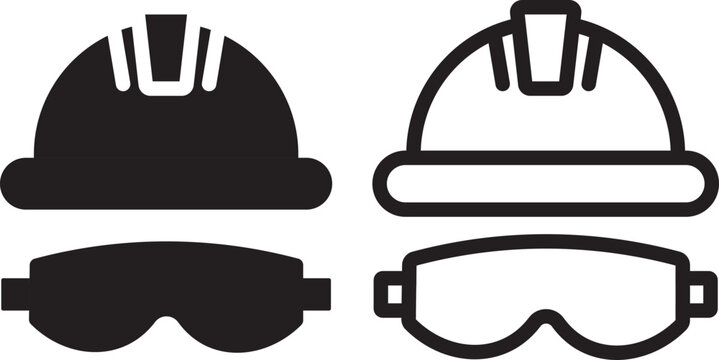 construction helmet and Safety glasses icons. Personal protective equipment symbol. Hard hat with goggles icon. Construction helmet with safety mask vector symbol. Hard hat with goggles