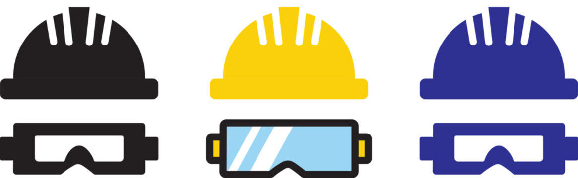 construction helmet and Safety glasses icons. Personal protective equipment symbol. Hard hat with goggles icon. Construction helmet with safety mask vector symbol. Hard hat with goggles