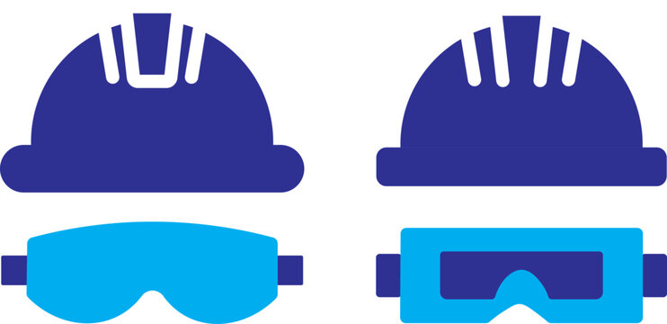 construction helmet and Safety glasses icons. Personal protective equipment symbol. Hard hat with goggles icon. Construction helmet with safety mask vector symbol. Hard hat with goggles