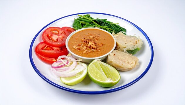 Siomay Bandung with peanut sauce, isolated on white background