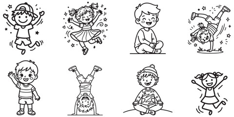 Fototapeta premium Cute cartoon kids jumping and playing in outline sketch eps 10