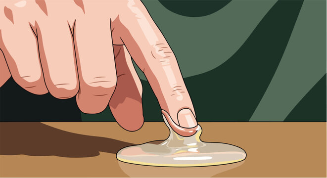 Human hand's index finger presses into sticky, translucent goo on a brown surface