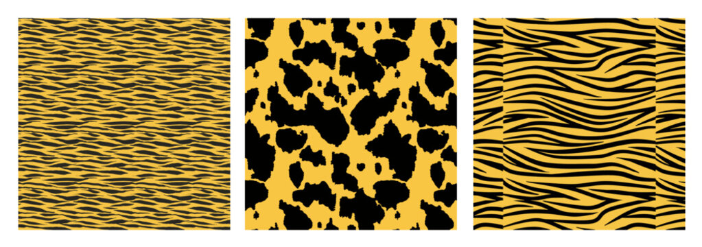 Tiger and leopard skin texture seamless pattern collection. W ild animal print seamless background set with tiger and cheetah stripes for fashion textile design