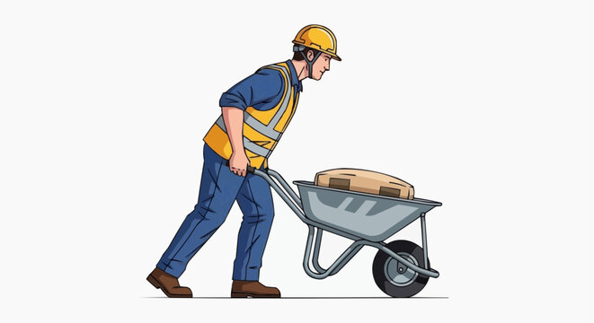 
Vector illustration of a construction worker pushing a wheelbarrow.