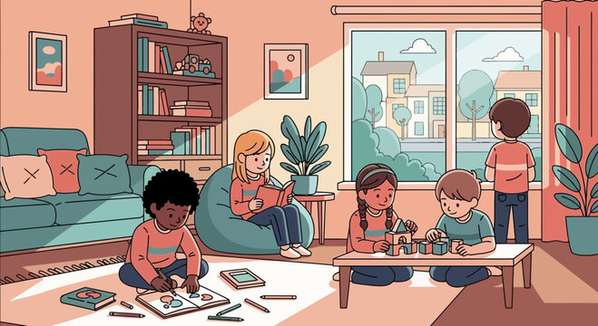 Children enjoying activities in a bright, cozy living room with sunlight streaming in.