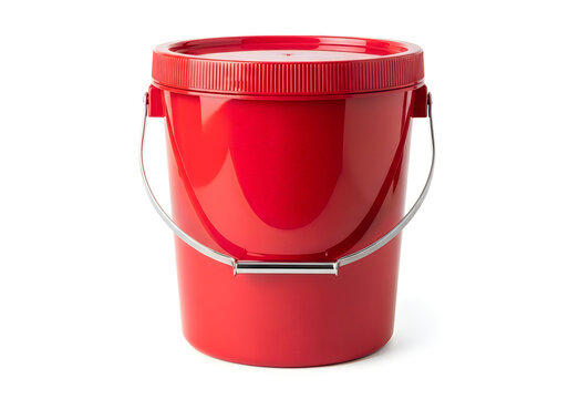 Red plastic bucket with a wire handle and lid, white background
