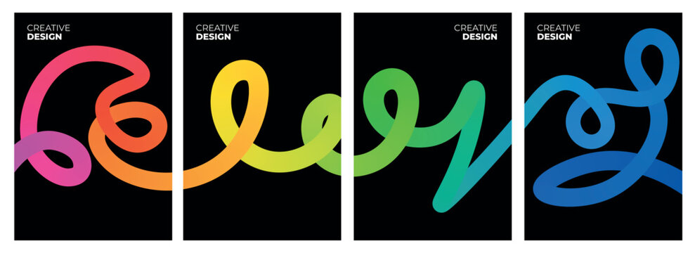 Four Creative Gradient Line Poster Templates Displaying Vibrant Loop and Wave Fluid Ribbon Designs on Black Backgrounds