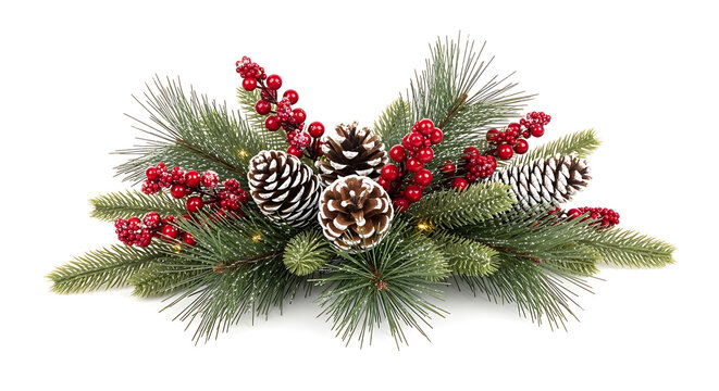 Festive christmas arrangement with pinecones berries and evergreen branches on white