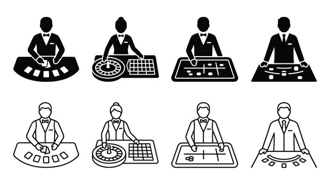 Casino dealer icons set vector illustration of croupier at gambling table with cards, roulette and dice games