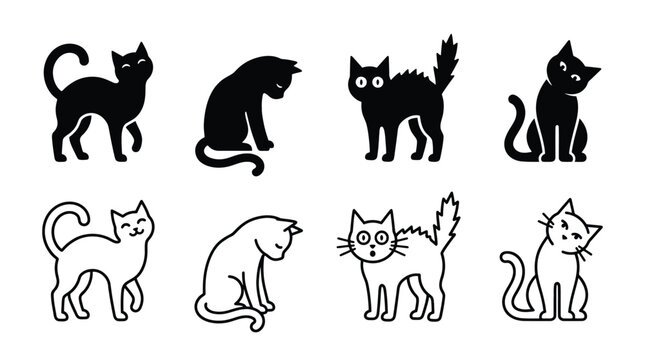 Set of cute cat icons, black silhouettes and line art outlines, cartoon kittens in various poses, happy, sad, scared and curious cats, vector illustration