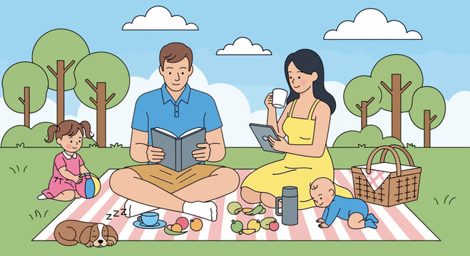 Family Picnic in a Park: Parents Relax, Kids Play, Baby Sleeps, Dog Naps