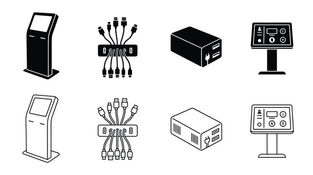 Set of digital kiosk and charging station icons vector illustration of information terminal, multiport usb charger, and interactive display stand in solid and line art styles