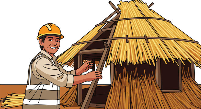 Smiling man in hardhat building a traditional thatched hut with straw and wooden poles