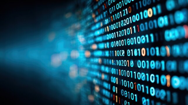 Abstract Digital Background with Blue and Orange Binary Code Creating a High-Tech Atmosphere for Data Science, Technology, and Cyber Security Themes