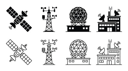 Set of weather monitoring and communication icons, satellite, weather station, radar dome and communication building, vector illustration © PixelAura_Studio