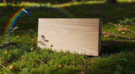 Fototapeta premium A simple wooden box resting on vibrant green moss in a sunlit forest with a rainbow in the background.