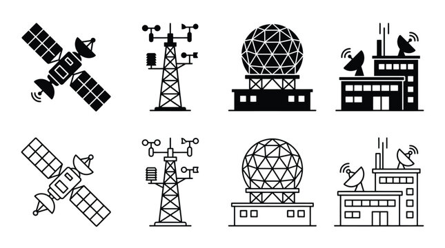Set of weather monitoring and communication icons, satellite, weather station, radar dome and communication building, vector illustration