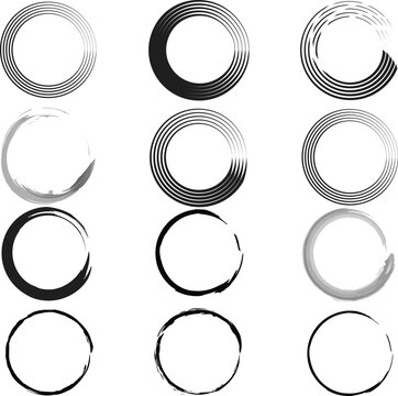 Abstract Black and White Concentric Circles Pattern Collection with Varied Brush Stroke Rings
