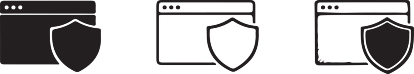 Fototapeta premium Browser window with shield icon set, internet security and data protection concept.