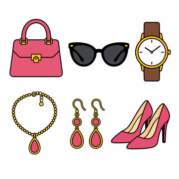 Flat vector illustration of women's fashion essentials handbag, sunglasses, wristwatch, jewelry, and high heels for a complete stylish look