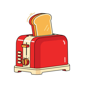 Cartoon red toaster with a fresh slice of golden toast popping out, ready for breakfast