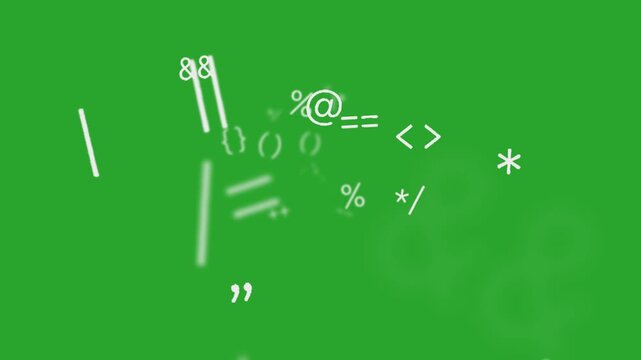 Computer programming syntax code symbols animated on a green screen chroma key background.  perfect futuristic great graphics imagery smooth projects looping production editing rendering