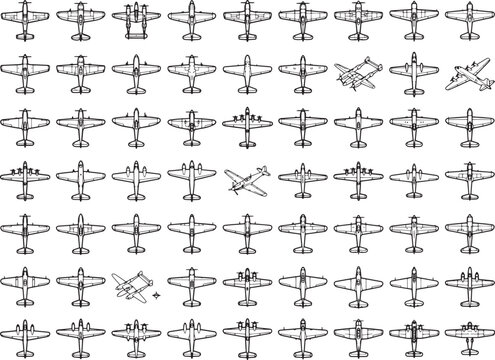 A collection of airplanes, ranging from single-engine fighters to bombers, displayed in a grid pattern. This graphic resource shows various aircraft silhouettes in a top-down perspective.