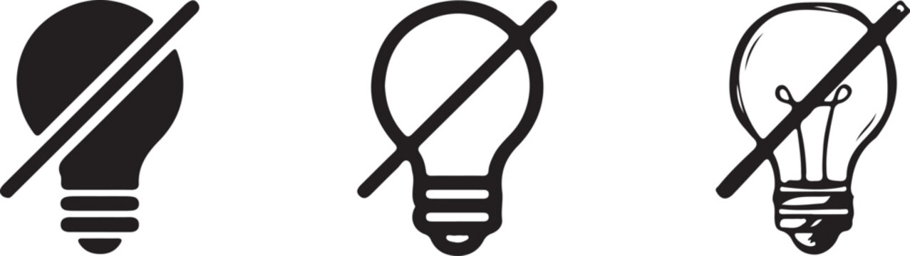 Light bulb with slash mark icon in solid flat and detailed hand drawn sketch variations.