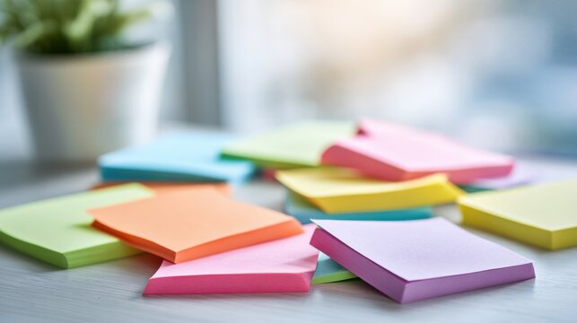 Colorful sticky notes scattered on a wooden desk next to a small potted plant in a bright and cozy workspace environment