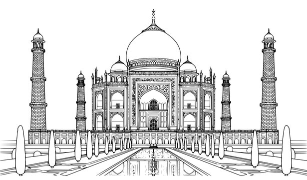 Historic Taj Mahal Monochrome Vector Illustration with Detailed Mughal Architecture