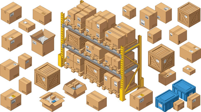 Isometric Warehouse Storage Vector Icon Set with Cardboard Boxes Wooden Crates and Metal Racks for Logistics Logistics Supply Chain and Shipping Logistics Designs