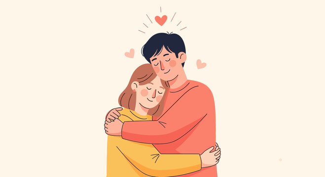 Couple Hugging with Hearts, Love and Affection Illustration