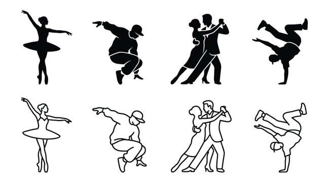Set of black and white icons of people dancing different styles including ballet, hip hop, ballroom and breakdance