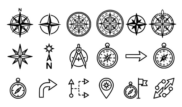 Compass Rose Navigation Icon Set with Nautical Windrose and Polar Star Vector Symbols