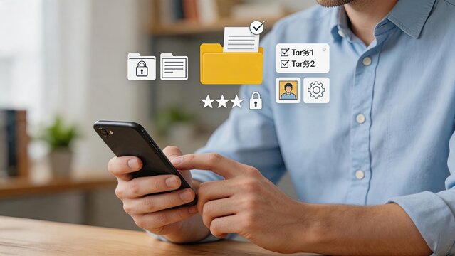 Person using smartphone with floating file folder and security icons, representing mobile data storage, cloud computing, document management, privacy protection and secure digital