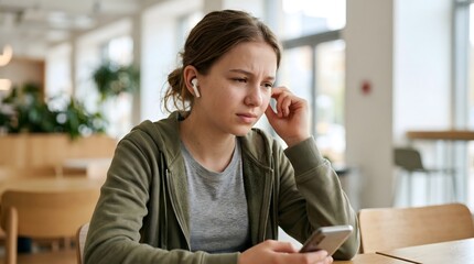 Obraz premium Teenager Wearing Wireless Earbuds Experiencing Ear Discomfort While Using Smartphone