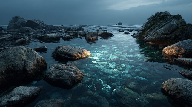 Tidal pool filled with crystal clear water and glowing submerged stones rests amidst a jagged shoreline.