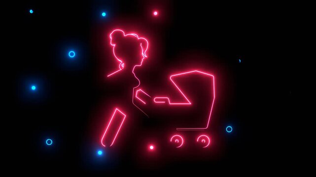 Young mother walking with her baby in stroller. Maternity and paternity concept. Young mom character walk with child in carriage. A minimalist silhouette icon.