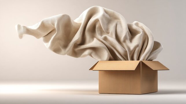 Creative Concept of a Cardboard Box with Flowing Fabric and Material, Symbolizing Surprise, Innovation, and Unveiling Ideas in a Minimalistic Setting