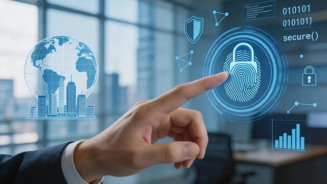 Finger touching biometric security fingerprint scanner on virtual screen, global data protection, cyber security concept, identity verification, privacy shield, binary code,