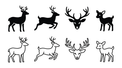 Set of deer icons, including standing deer, jumping deer, deer head with antlers, and fawn, vector illustration © PixelAura_Studio