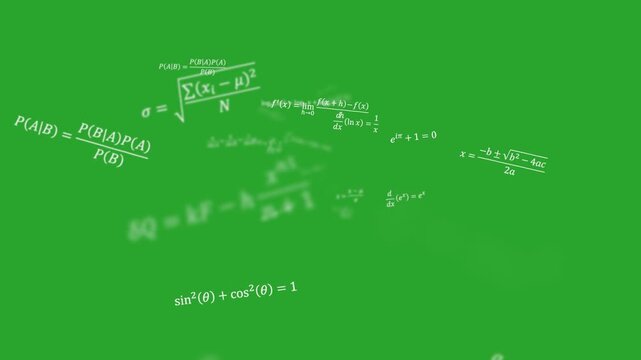 Complex mathematical calculus algebra formulas animated on a green screen chroma key background.  channel clip projects creative flying footage epic best modern graphics professional transparent