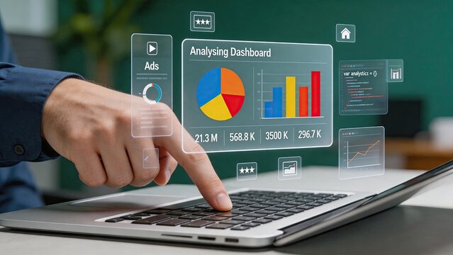 Digital marketing analytics dashboard showing graphs and charts. Business analysis of sales data and financial growth metrics.