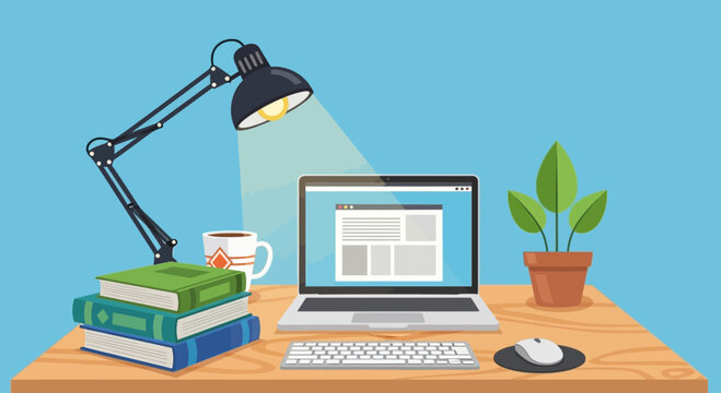 Modern Desk Setup: Laptop, Lamp, Books, and Plant for Study or Work
