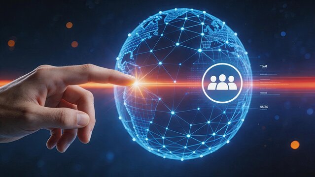 Finger touching glowing digital globe with network nodes and user team icon, global connectivity concept, interactive technology interface for users and teamwork in futuristic